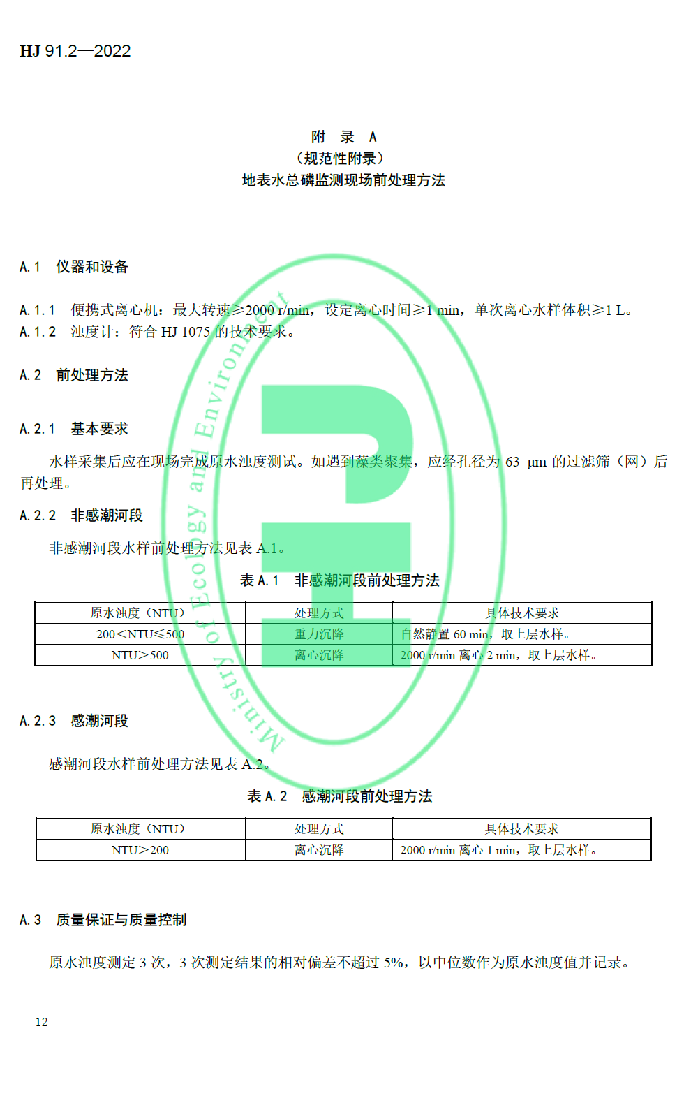 地表水環境質量技術規范附錄A